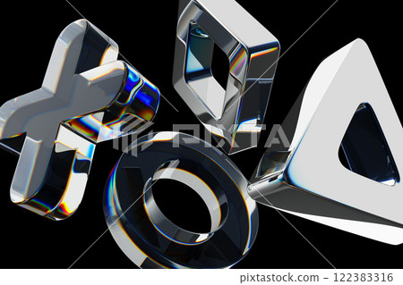 Abstract 3d black background with glass holographic transparent geometric circle, square, triangle, plus shapes render. Crystal rainbow gradient dispersion light. Digital tech banner. 3D illustration 122383316