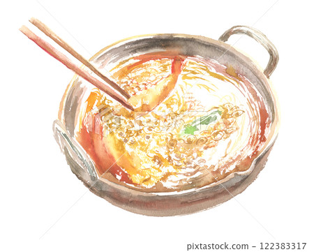 煎天婦羅鍋的水彩插圖 122383317