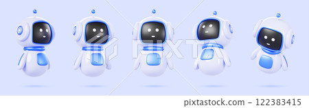 3d cute ai robot character in different angles. Chat bot mascot isolated render icon set. Digital artificial intelligence chatbot, friendly support assistant. Electric cyborg agent. 3D illustration 122383415
