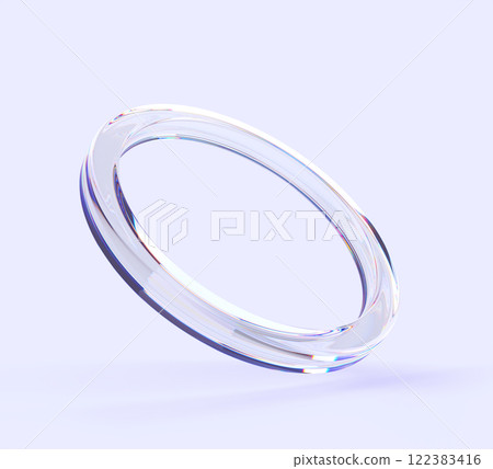 3d abstract liquid glass transparent circular ring with chromatic effect on blue background render. Iridescent glossy crystal torus shape with holographic gradient, dynamic element. 3D illustration 122383416
