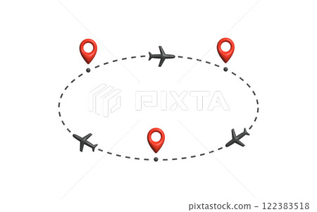 Airplanes flying along circular dashed route with multiple location markers, symbolizing global travel, airline networks, round-trip flights for tourism, aviation, logistics. Vector illustration. Airplanes flying along circular dashed route with multiple location markers, symbolizing global travel, airline networks, round-trip flights for tourism, aviation, logistics. Vector illustration. 122383518