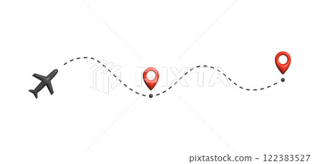 Airplane flying along curved dashed route with location markers, symbolizing travel, navigation, journey planning. Perfect for tourism, aviation, logistics, and booking services. Vector illustration. 122383527