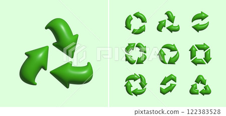 Recycling symbols with curved arrows. Environmental sustainability, waste reduction, eco branding. Suitable for eco campaigns, packaging, and green industry designs. 3D vector illustration Recycling symbols with curved arrows. Environmental sustainability, waste reduction, eco branding. Suitable for eco campaigns, packaging, and green industry designs. 3D vector illustration 122383528