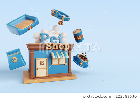 3d pet shop building exterior with animal goods render. Cute small business store facade with flying food, toys, cat or dog bed, collar, feed bag, tin can, bowl, bone for sale banner. 3D illustration 122383530