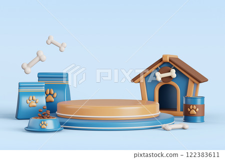 3d pet shop podium with dog house, food and accessory for domestic animals render. Petshop business with pedestal, feed bag, tin can, bowl and bone for sale or product presentation. 3D illustration 3d pet shop podium with dog house, food and accessory for domestic animals render. Petshop business with pedestal, feed bag, tin can, bowl and bone for sale or product presentation. 3D illustration 122383611