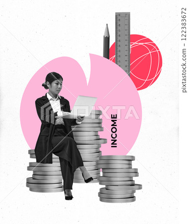 Modern art collage. Woman sitting on stacked coins with laptop and INCOME, representing professional growth, financial stability, and productivity in business. 122383672