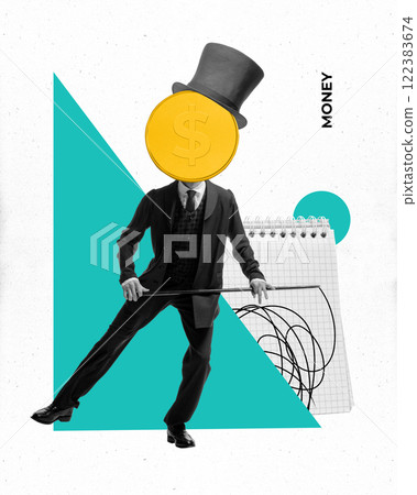 Conceptual art design. Gentleman with coin as head, dance near graph paper and MONEY text, symbolizing finance, control. 122383674