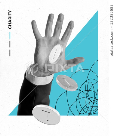 Conceptual art design. Hand releasing coins in motion near CHARITY, highlighting generosity, financial contributions, and social responsibility in modern economy. Conceptual art design. Hand releasing coins in motion near CHARITY, highlighting generosity, financial contributions, and social responsibility in modern economy. 122383682