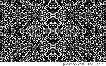 Wallpaper in the style of Baroque. White and black floral ornament. Seamless vector background. Graphic pattern for fabric, wallpaper, packaging. Ornate Damask flower illustration. Wallpaper in the style of Baroque. White and black floral ornament. Seamless vector background. Graphic pattern for fabric, wallpaper, packaging. Ornate Damask flower illustration. 122383714
