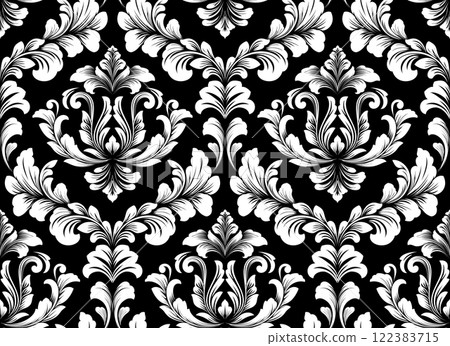 Wallpaper in the style of Baroque. White and black floral ornament. Seamless vector background. Graphic pattern for fabric, wallpaper, packaging. Ornate Damask flower illustration. 122383715