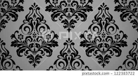 Floral pattern. Seamless vector background. Vintage wallpaper in the Baroque style. Gray and black ornament for fabric, wallpaper, packaging. Ornate Damask flower illustration Floral pattern. Seamless vector background. Vintage wallpaper in the Baroque style. Gray and black ornament for fabric, wallpaper, packaging. Ornate Damask flower illustration 122383722