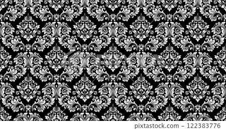 Wallpaper in the style of Baroque. White and black floral ornament. Seamless vector background. Graphic pattern for fabric, wallpaper, packaging. Ornate Damask flower illustration. 122383776