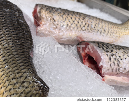 Fresh fish displayed on ice at a bustling market during early morning hours 122383857
