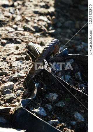 A Rusty Nail is Deeply Embedded in the Ground Amidst the Natural Landscape Around It A Rusty Nail is Deeply Embedded in the Ground Amidst the Natural Landscape Around It 122383899