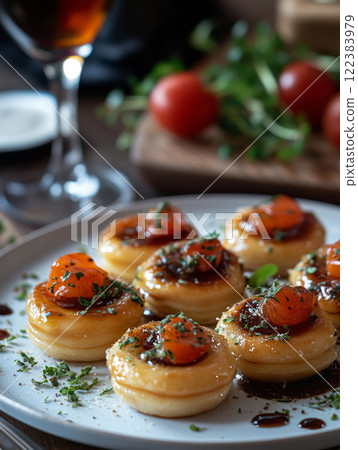 Mini Tartellette Salate for festive appetizers at an evening gathering 122383979