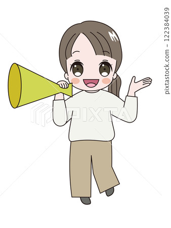 Illustration of a cute adult woman shouting loudly with a megaphone 122384039
