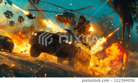 Action-packed military pursuit through a vibrant battlefield under a sunset sky 122384056
