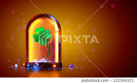 Four-leaf clover in glass flask. A magical clover that brings good luck. Clover with four leaves is an Irish symbol of luck. Clover background for St. Patrick Day. Fortune Four-leaf hanging in flask. 122384321