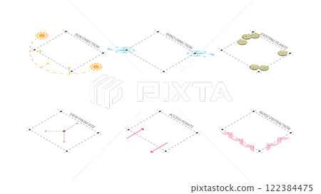 isometric architecture site analysis symbol icon element drawing graphic flat isolated vector. architecture element line sun wind sound sun path vegetation. 122384475