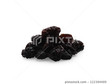 Heap of black raisins isolated on white background. 122384489
