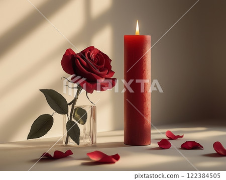 Minimalist Valentine's Day still life with red rose and candle 122384505