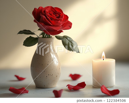 Minimalist Valentine's Day still life with red rose and candle 122384506