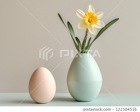 Modern minimalist Easter still life with pastel-colored egg and daffodil flower Modern minimalist Easter still life with pastel-colored egg and daffodil flower 122384516