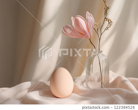 Minimalist still life with a pastel egg and a flower in a glass vase Minimalist still life with a pastel egg and a flower in a glass vase 122384528