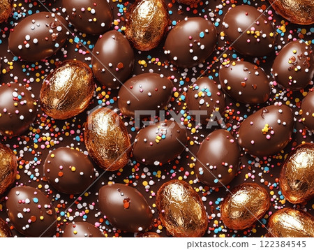 Seamless pattern of chocolate Easter eggs with golden foil 122384545