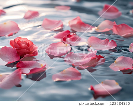 Serene and peaceful background of rose petals floating on water 122384550
