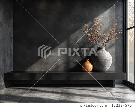 Minimalist arrangement of ceramic vases on a dark shelf 122384576