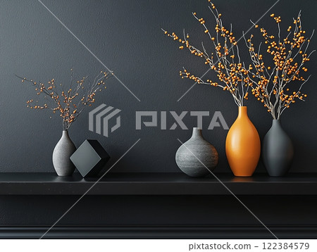 Minimalist arrangement of ceramic vases on a dark shelf Minimalist arrangement of ceramic vases on a dark shelf 122384579