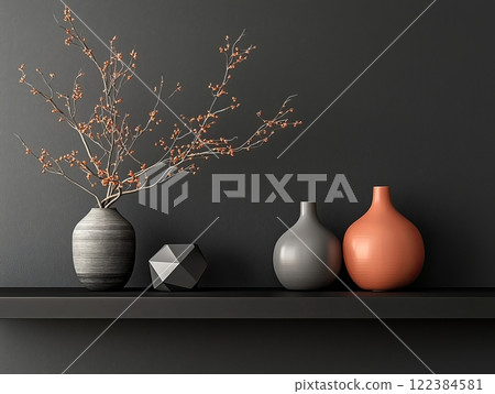 Minimalist arrangement of ceramic vases on a dark shelf Minimalist arrangement of ceramic vases on a dark shelf 122384581