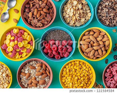 A vibrant flat lay of keto-friendly cereals, nuts, dried fruits, and healthy snacks in colorful bowls. 122384584