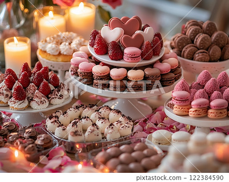 Elegant Valentine's Day dessert table with heart-shaped macaroons, strawberries, and chocolate treats. Elegant Valentine's Day dessert table with heart-shaped macaroons, strawberries, and chocolate treats. 122384590