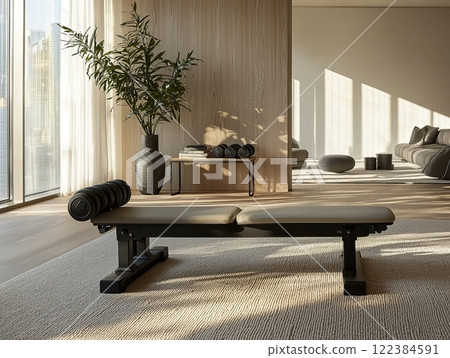 Modern minimalist home fitness space with neutral tones, sleek design, and calming ambiance. Modern minimalist home fitness space with neutral tones, sleek design, and calming ambiance. 122384591