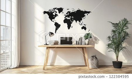 Minimalistic study room with a world map, sleek desk, and cozy, modern design elements. 122384595