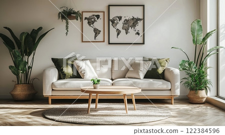 Minimalistic study room with a world map, sleek desk, and cozy, modern design elements. 122384596