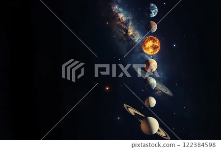Cosmic alignment of planets including Venus, Mars, Jupiter, Saturn, and others in space. Cosmic alignment of planets including Venus, Mars, Jupiter, Saturn, and others in space. 122384598