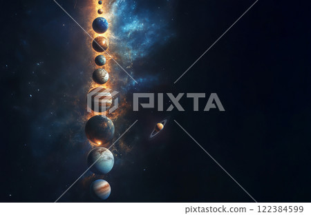 Cosmic alignment of planets including Venus, Mars, Jupiter, Saturn, and others in space. 122384599