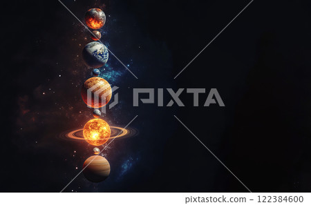 Cosmic alignment of planets including Venus, Mars, Jupiter, Saturn, and others in space. Cosmic alignment of planets including Venus, Mars, Jupiter, Saturn, and others in space. 122384600