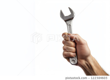 Hand holding a wrench isolated on a white background. 122384603