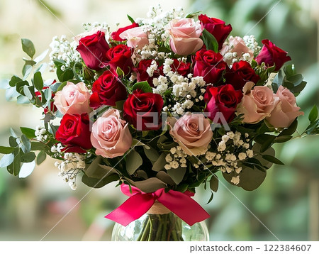 Elegant bouquet of red and pink roses with greenery, tied with a pink ribbon. Elegant bouquet of red and pink roses with greenery, tied with a pink ribbon. 122384607