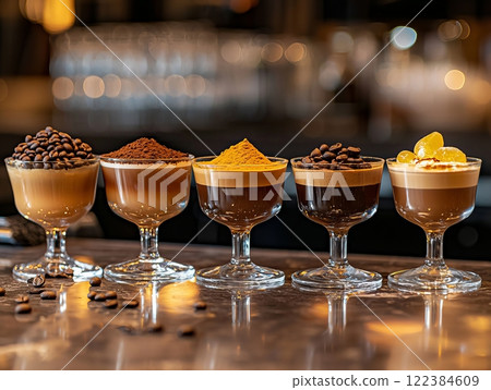 Elegant and stylish espresso martini cocktails served in martini glasses with coffee topping. Elegant and stylish espresso martini cocktails served in martini glasses with coffee topping. 122384609