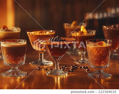 Elegant and stylish espresso martini cocktails served in martini glasses with coffee topping. Elegant and stylish espresso martini cocktails served in martini glasses with coffee topping. 122384610