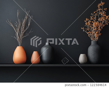 Minimalist arrangement of ceramic vases on a dark shelf Minimalist arrangement of ceramic vases on a dark shelf 122384614