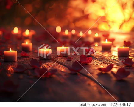 A romantic candlelit atmosphere with heart-shaped decorations and petals for Valentine's Day. A romantic candlelit atmosphere with heart-shaped decorations and petals for Valentine's Day. 122384617