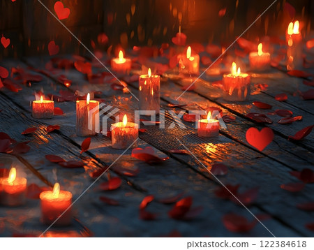 A romantic candlelit atmosphere with heart-shaped decorations and petals for Valentine's Day. 122384618