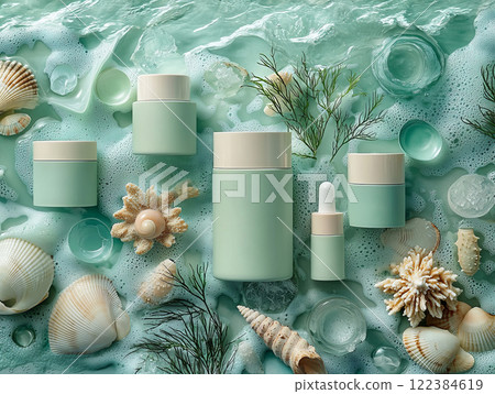 A stylish and elegant flat lay of skincare products with a marine theme and turquoise packaging. 122384619
