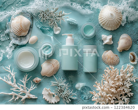A stylish and elegant flat lay of skincare products with a marine theme and turquoise packaging. 122384620